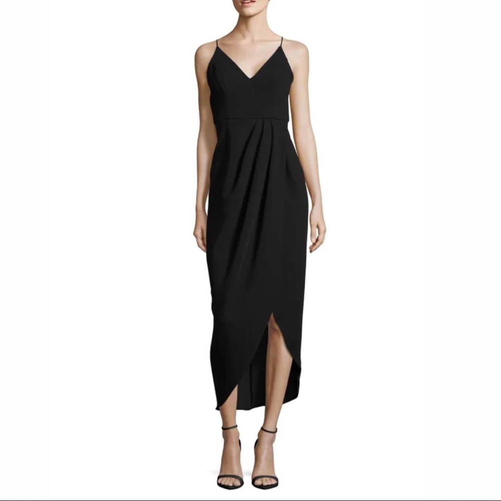 XSCAPE Black Tulip Hem Crepe Midi Dress Size 6 Spaghetti Straps